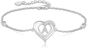 RIVIKO Heart Initial Bracelets for Women, 925 Sterling Silver Dainty Letter Bracelets , Personalized Initial Charm Alphabet Jewelry Valentines Christmas Anniversary Birthday Gifts for Women Girls Her Mom Wife Lady