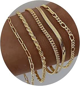 DEARMAY Gold Bracelets for Women, 14K Real Gold Jewelry Sets for Women Cute Tennis Beaded Bracelets for Women Cuban Link Paperclip Chain Dainty Bracelet Pack Gifts for Women Girls