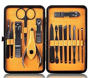 Keiby Citom Professional Stainless Steel Nail Clipper Travel & Grooming Kit Nail Tools Manicure & Pedicure Set of 15pcs with Luxurious Case (Black/Yellow)