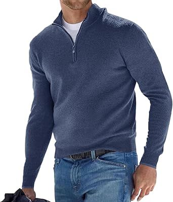 Lexiart Men's Quarter Zip Sweater Casual Mock Neck Pullover Ribbed Knit Polo Sweater