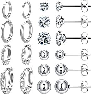 KANOUE 10 Pairs Surgical Steel Earrings Sets for Multiple Piercing Lightweight Small Huggie Hoop Earrings CZ Stud Earrings for Women Trendy Cartilage Hypoallergenic