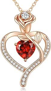 LOUISA SECRET Rose Flower Heart Birthstone Necklace Gifts for Women, 925 Sterling Silver Fine Jewelry, Pendant Heart Necklace Birthday Anniversary Christmas Gift for Women Wife Mom Girlfriend Lady
