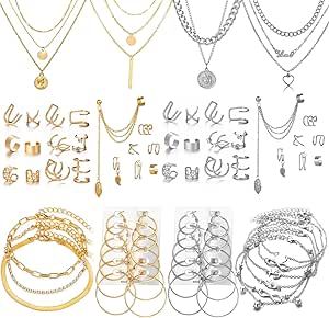CONGYING 46 Pcs Gold Jewelry Set with 11Pcs Necklace, 11 Pcs anklet and 18 Pcs Earring Ear Cuff,6Hoop Earrings for Women Girls, Fashion Indie Costume Jewerly Pack for Friendship Party Gift
