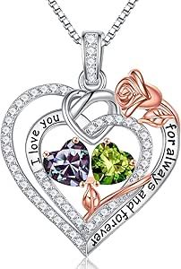 Iefil Valentines Day Gifts - Sterling Silver Rose Heart Birthstone Necklace Anniversary Birthday Gifts for Women Jewelry Christmas Mothers Day Gifts for Women Wife Girlfriend Her Mom Daughter