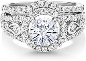 Gem Stone King 925 Sterling Silver Moissanite Women Wedding Engagement Ring Band Bridal Set (1.74 Cttw, Center 6.5MM, Available in size 5, 6, 7, 8, 9)