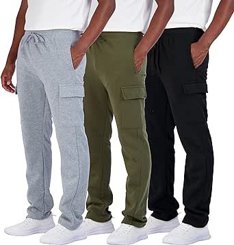 Real Essentials 3 Pack: Men's Tech Fleece Open Bottom Cargo Sweatpants with Pockets (Available in Big & Tall)