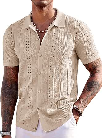 COOFANDY Men's Knit Shirts Short Sleeve Button Down Polo Shirt Fashion Casual Summer Beach Shirts