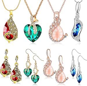 MTLEE 4 Sets Peacock Jewelry Set for Women, Crystal Necklace Earrings, Rhinestone Waterdrop Pendant, Heart Charm Hook Earrings for Christmas Party Gifts