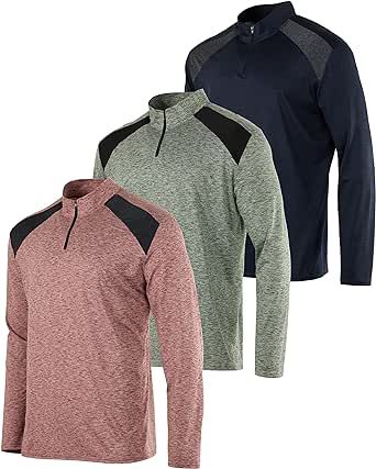 Real Essentials 3 Pack: Men's Dry-Fit Active Quarter Zip Long Sleeve Athletic Performance Pullover (Available in Big & Tall)