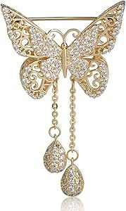 Guoshang Women Hollow Out Butterfly Brooch Pin with Pendant Butterfly Lapel Pin for Coats Jackets Sweaters Accessories