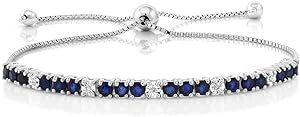 Gem Stone King 925 Sterling Silver Blue Sapphire and White Diamond Tennis Bracelet Jewelry for Women (2.05 Cttw, Gemstone Birthstone, Fully Adjustable Up to 9 Inch)