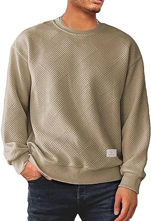 Dokotoo Men Men's Crewneck Sweatshirts Soild Color Geometric Texture Long Sleeve Casual Pullover Shirt